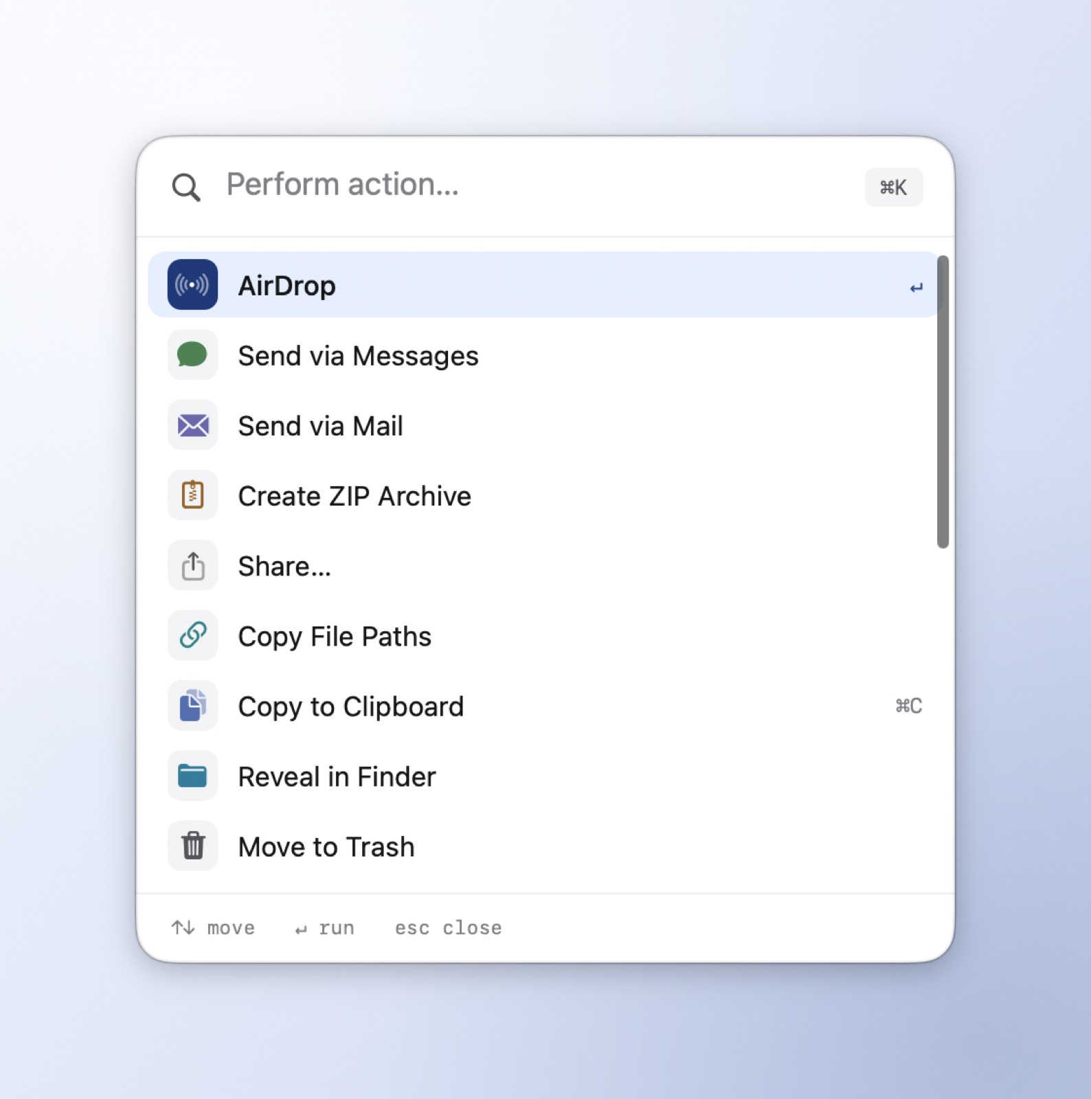The command bar listing actions