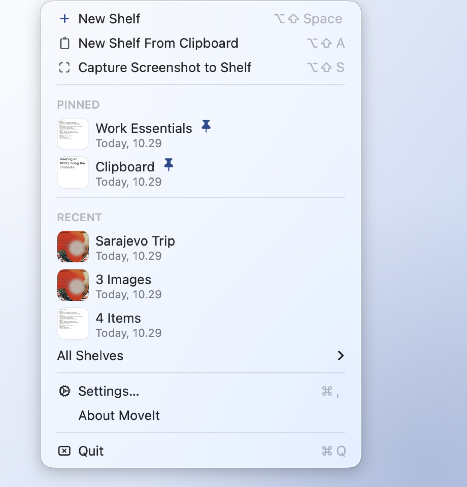 The MoveIt menu with pinned and recent shelves