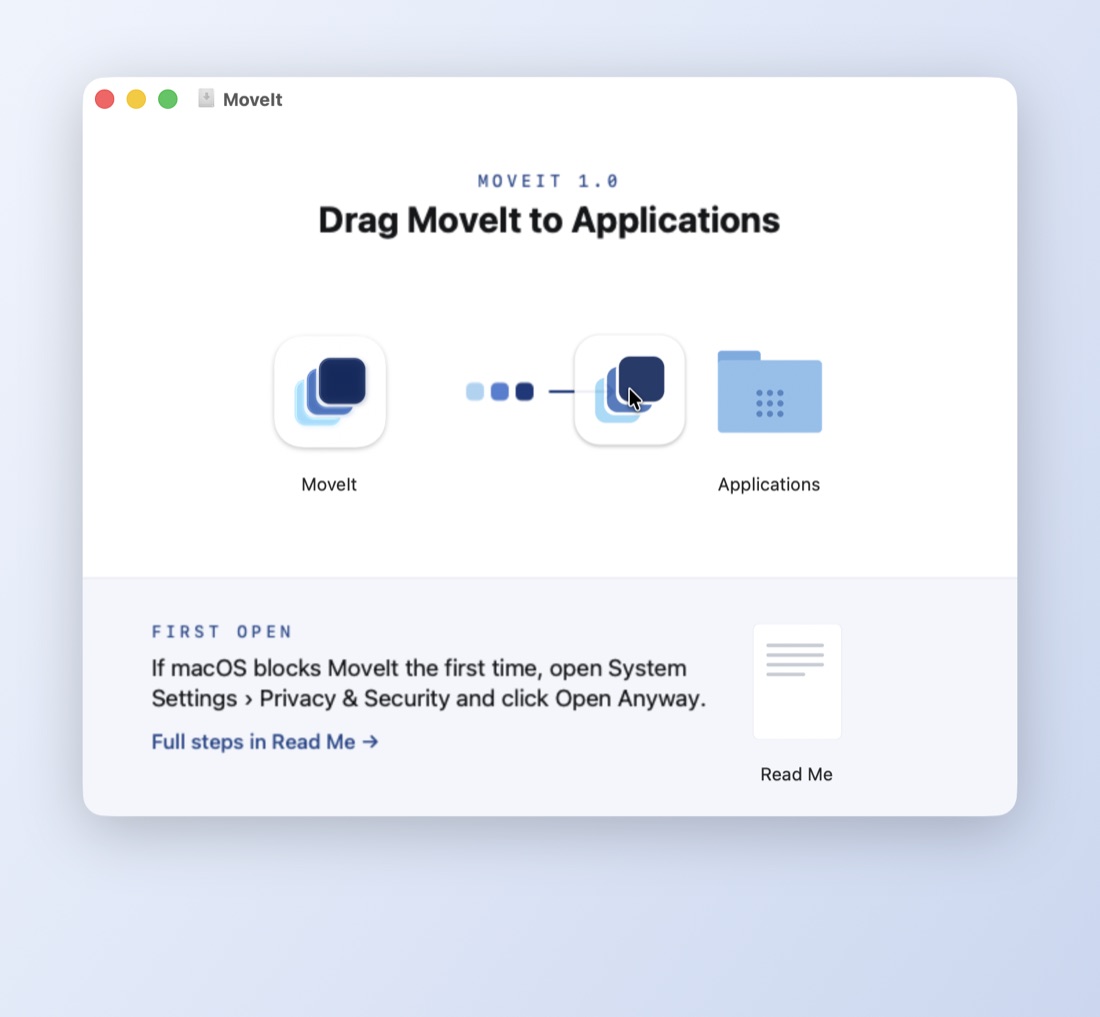 Dragging MoveIt onto the Applications folder
