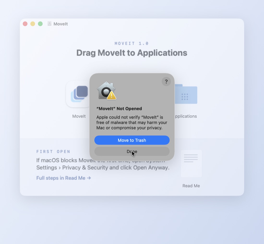 The "MoveIt Not Opened" warning with the Done button