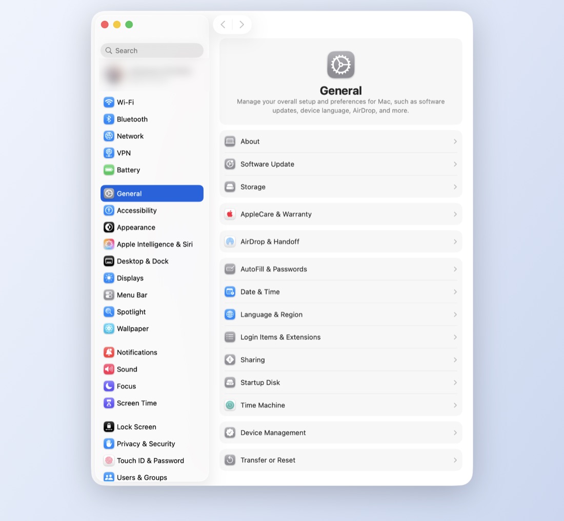System Settings, open on General