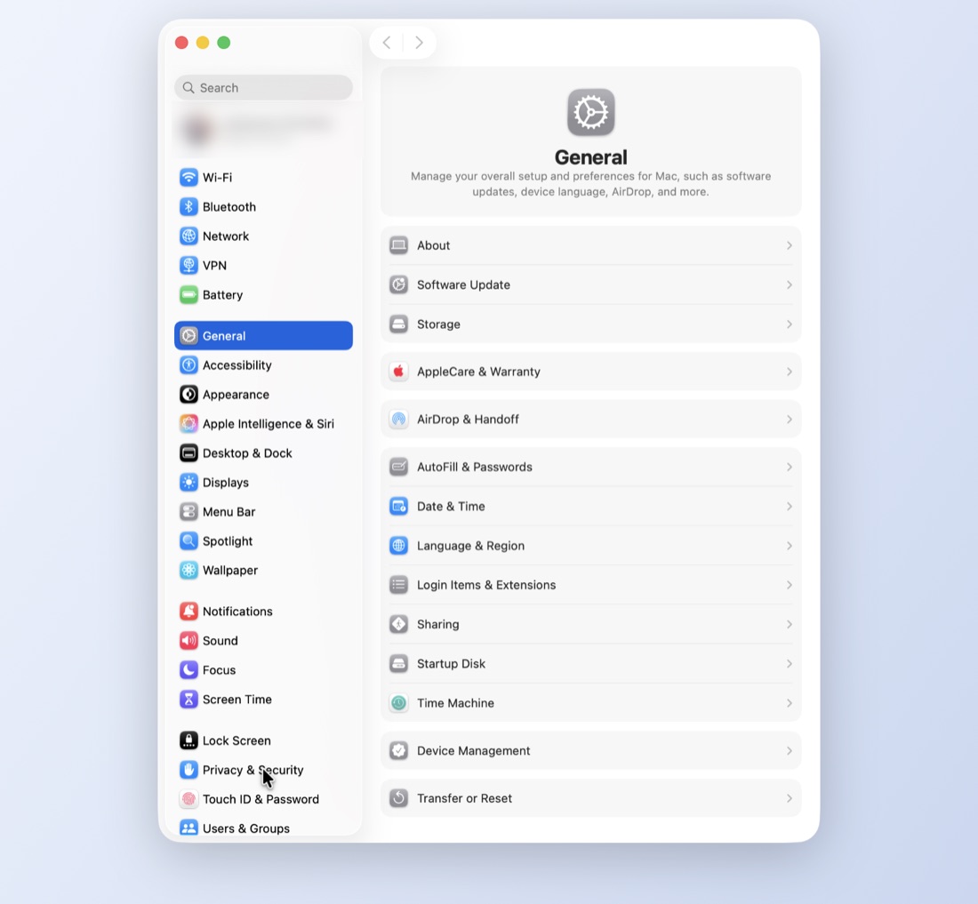 Privacy & Security in the System Settings sidebar